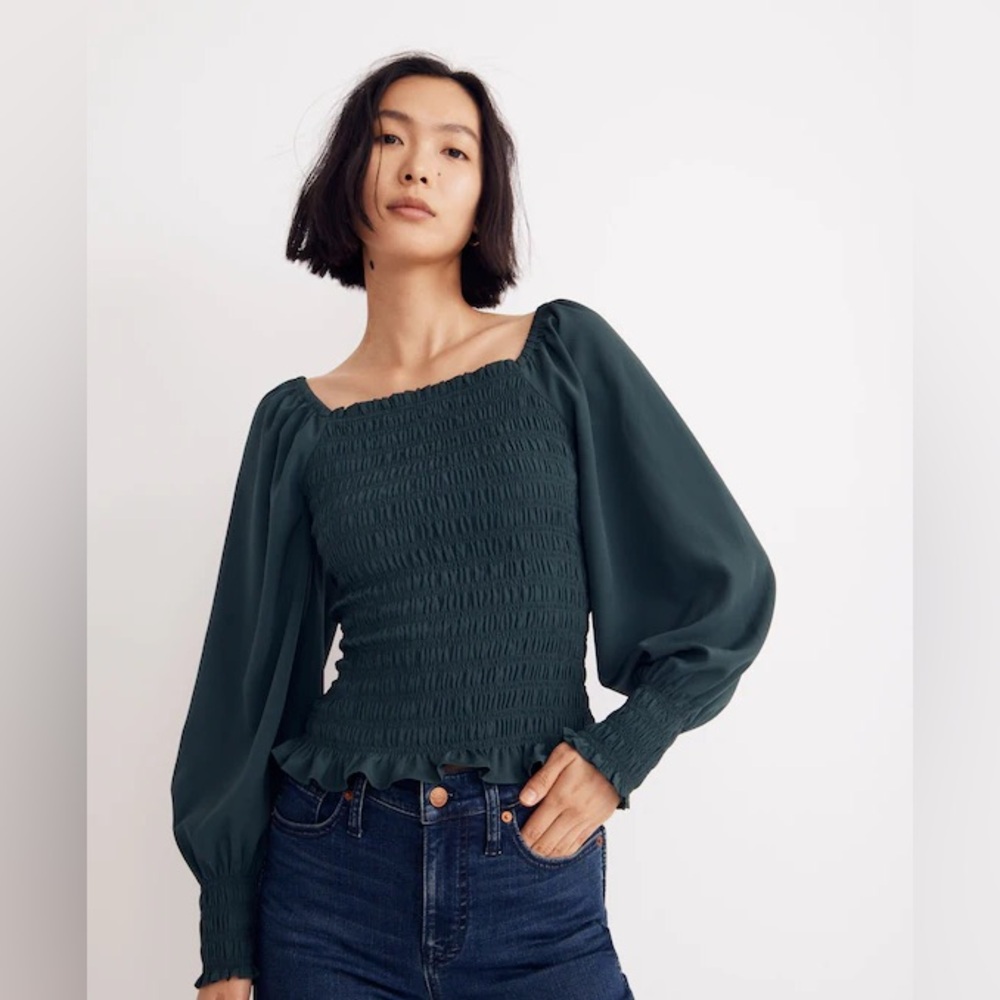 Madewell Dark Green Smocked Blouse